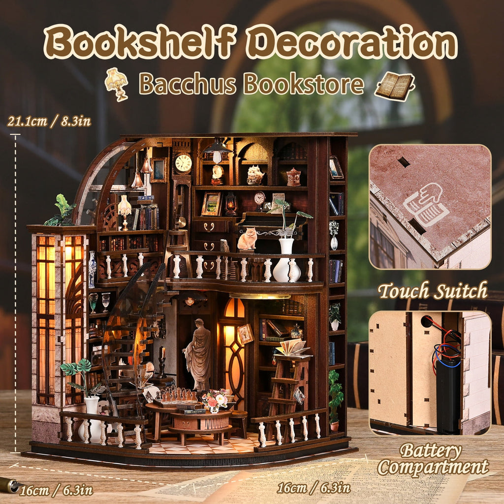 DIY Book Nook Kit with LED Light,Forest Tea Book Club Miniature House Bookshelf Insert Decor, 3D Wooden Puzzle Dollhouse Craft Kit for Adults Teens, Book Lover Gift