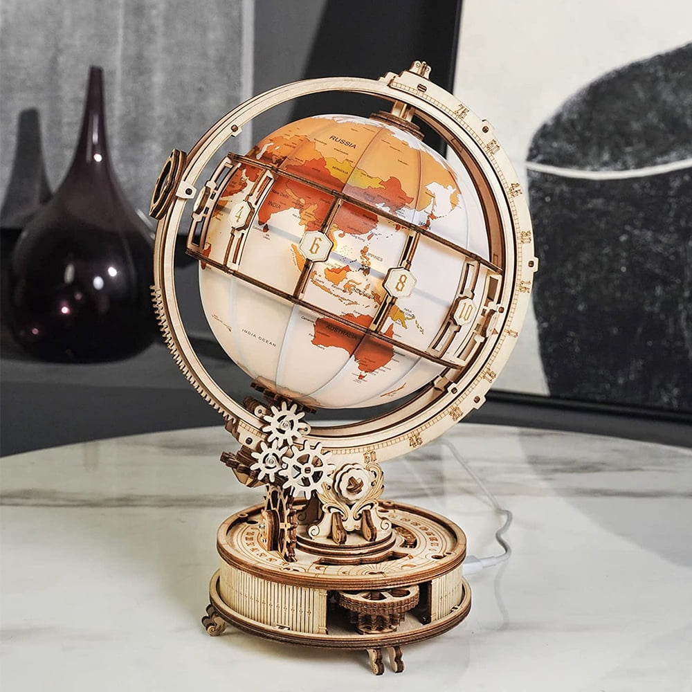 ROKR 6" World Luminous Globe 180 Pieces 3D Wooden Puzzle Model-Self Assembled Tellurion Building Toys