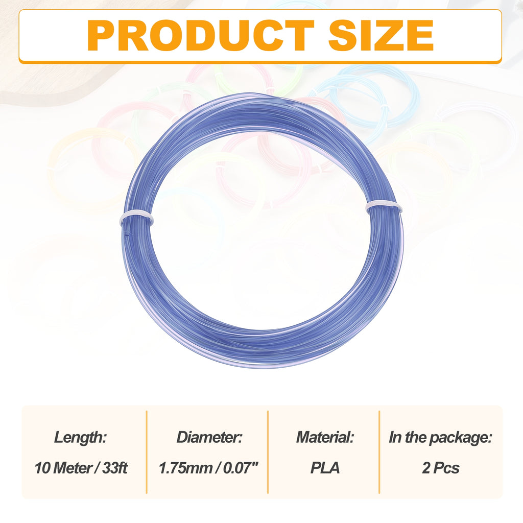Uxcell 2 Pcs 3D Pen Filament, 1.75mm Dia 33ft Length PLA 3D Printing Pen Filament Refills for 1.75mm 3D Printing Pen, Transparent Blue