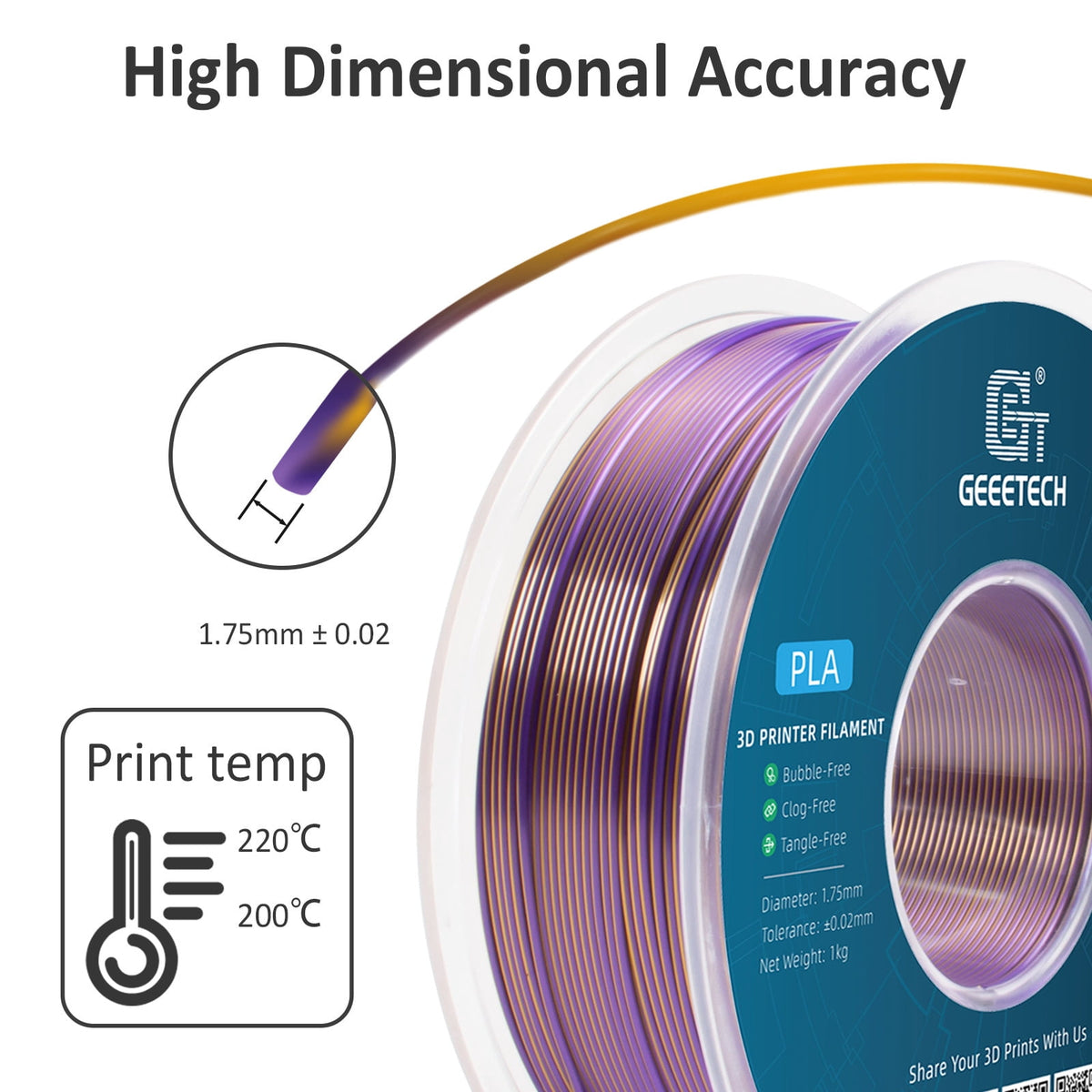 Geeetech Anti-silk type 3D Printer PLA Filament 1KG Toughness Enhanced Filament with 1.75mm Dimensional Accuracy +/-0.03mm, 1080 Feet per Roll, Vacuum Packaging Two-tone gold copper