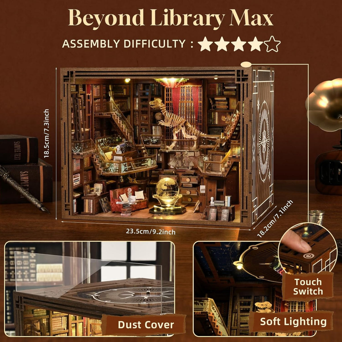 Beyond Library Max DIY Book Nook Kit, Miniature Dollhouse Booknook Kit, 3D Wooden Puzzle Bookend Bookshelf Insert Decor with LED Light for Teens and Adults