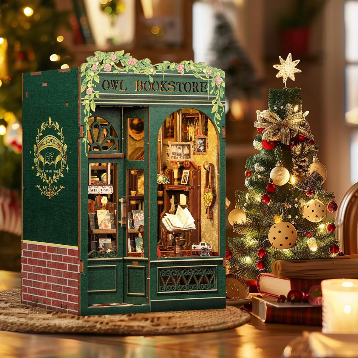 DIY Book Nook Kit, Owl Bookstore Miniature Dollhouse Bookend, Wooden 3D Puzzle Book Corner with LED Light, Handmade Mini House Model Kit for Bookshelf Decor, Gift for Adults & Teens