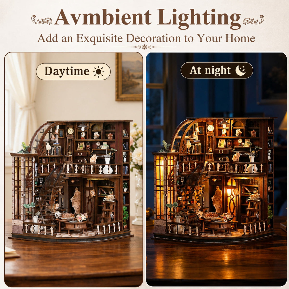 MOJINO Bacchus Bookstore Book Nook Kit for Adults, DIY Miniature House Kit with LED Light, 3D Wooden Puzzle Bookshelf Decor, Vintage Craft Kit