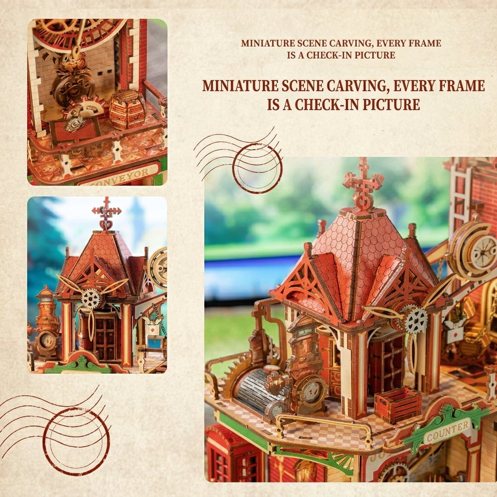 3D Wooden Puzzle Time Post Office Model Art & Craft Kits, DIY Assemble Miniature House Display Model