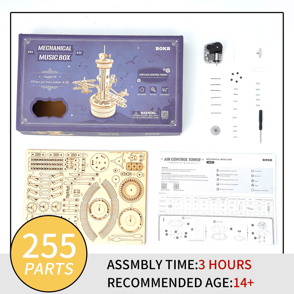 ROKR 3D Wooden Puzzle Mechanical Music Box,DIY Aircraft Model Kits to Build,Best Toy Gift for Kids Adults on Birthday,Decoration for Room(AMK41 Airplane Control Tower)