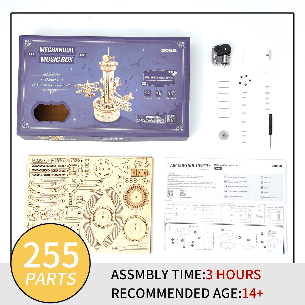 ROKR 3D Wooden Puzzle Mechanical Music Box,DIY Aircraft Model Kits to Build,Best Toy Gift for Kids Adults on Birthday,Decoration for Room(AMK41 Airplane Control Tower)