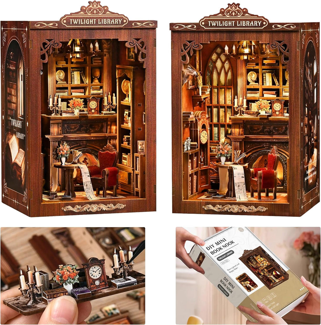 Book Nook Kit, MOJINO DIY Miniature House Kit, Wooden 3D Puzzle Glimmering Book Pavilion, DIY Handmade Book Nook Models, Birthday and Mother's Day Gifts for Family and Friends