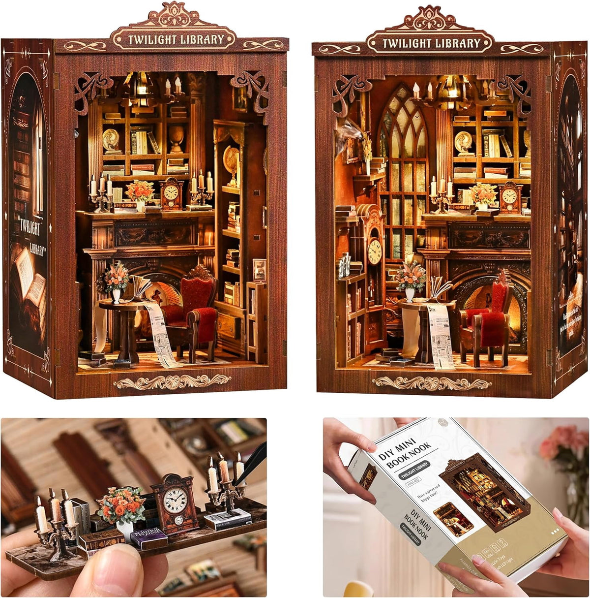 Book Nook Kit, MOJINO DIY Miniature House Kit, Wooden 3D Puzzle Glimmering Book Pavilion, DIY Handmade Book Nook Models, Birthday and Mother's Day Gifts for Family and Friends