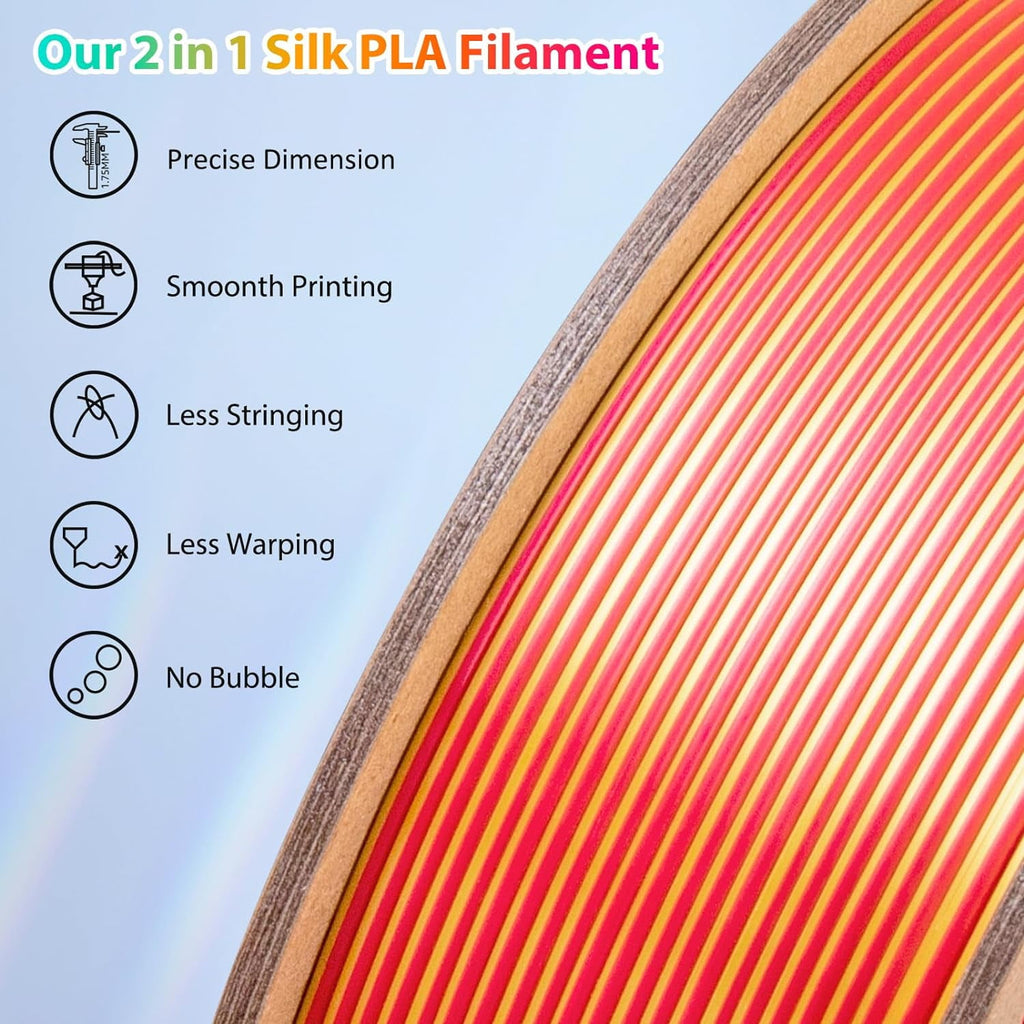 Multicolor 3D Printer Filament,Dual/Tri Color 1.75mm PLA Silk Shiny Printing Filament,250g(0.55lbs) Fit Most FDM 3D Printer