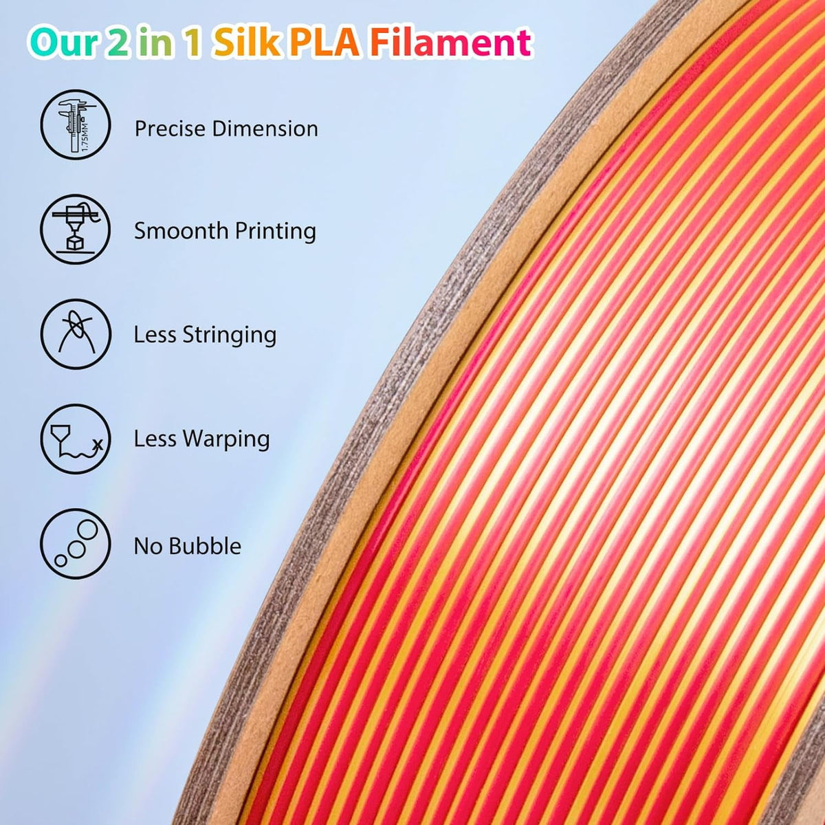 Multicolor 3D Printer Filament,Dual/Tri Color 1.75mm PLA Silk Shiny Printing Filament,250g(0.55lbs) Fit Most FDM 3D Printer