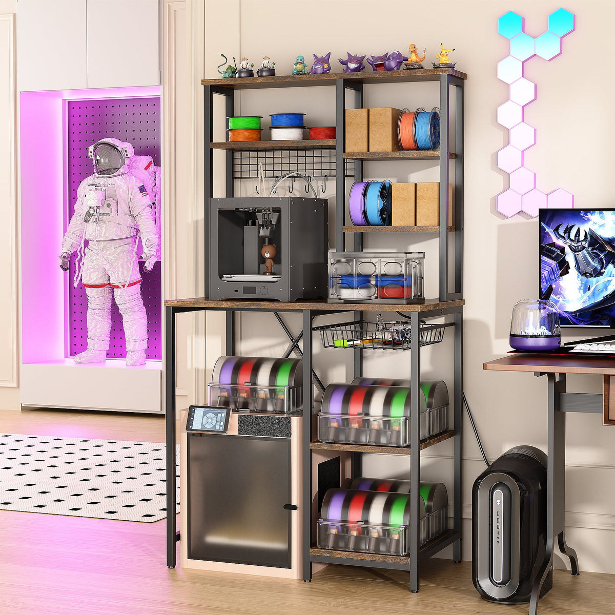 Heavy Duty 3D Printer Stand with Storage Shelf and Drawer, Industrial Rolling Printer Rack for 3D Printer Filament and Tools, Sturdy Metal Frame Printer Table for Home Office Workshop