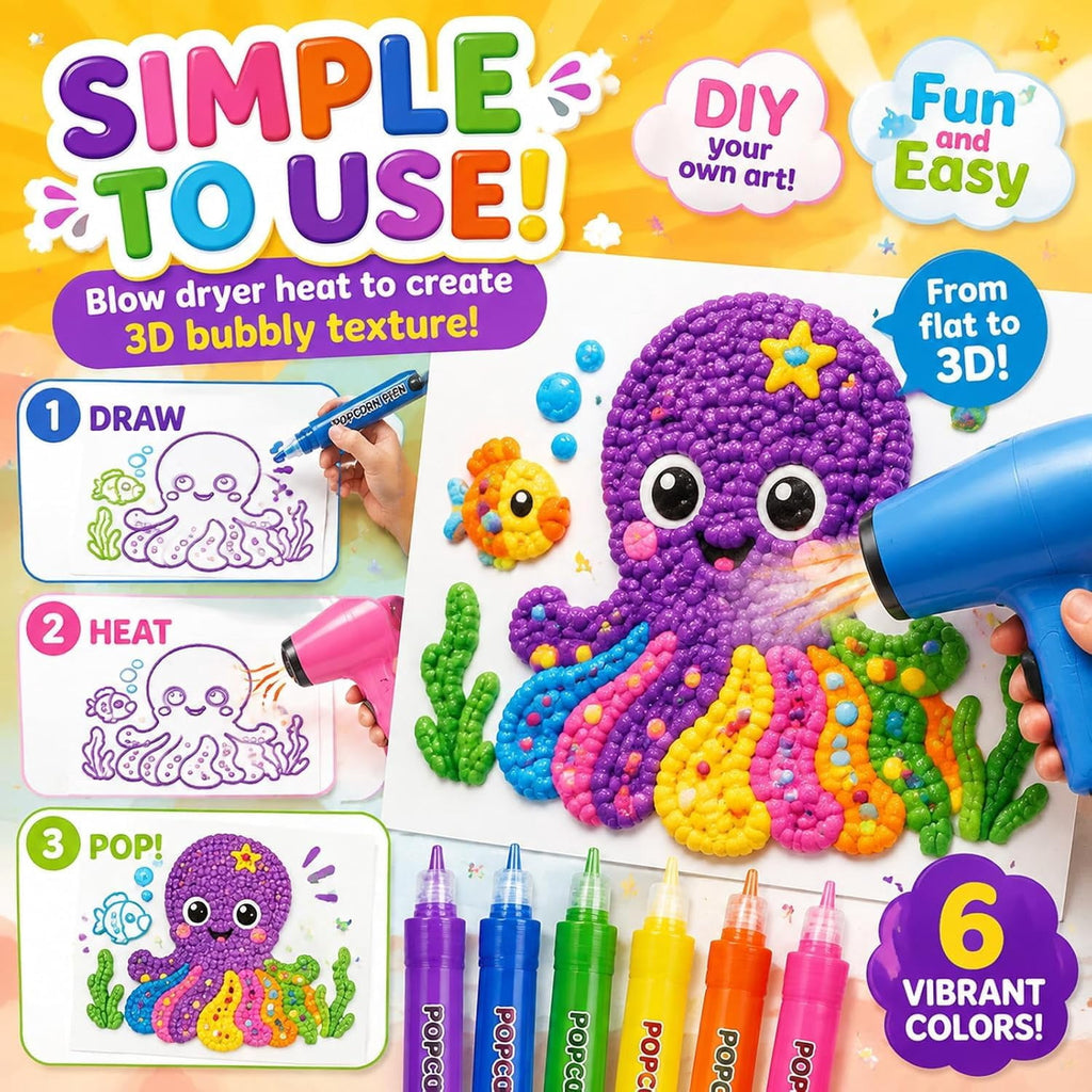 Puffy Popcorn Pens 3D Art,DIY Bubble Popcorn Drawing Pen with 6 Colors,Dries with Fun Texture for Drawing Coloring Crafts Art Projects and Classroom