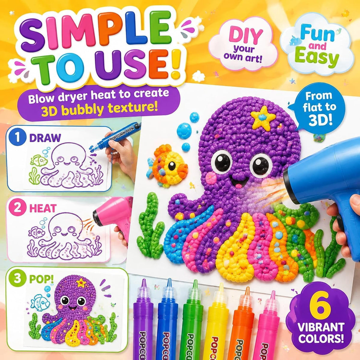 Puffy Popcorn Pens 3D Art,DIY Bubble Popcorn Drawing Pen with 6 Colors,Dries with Fun Texture for Drawing Coloring Crafts Art Projects and Classroom