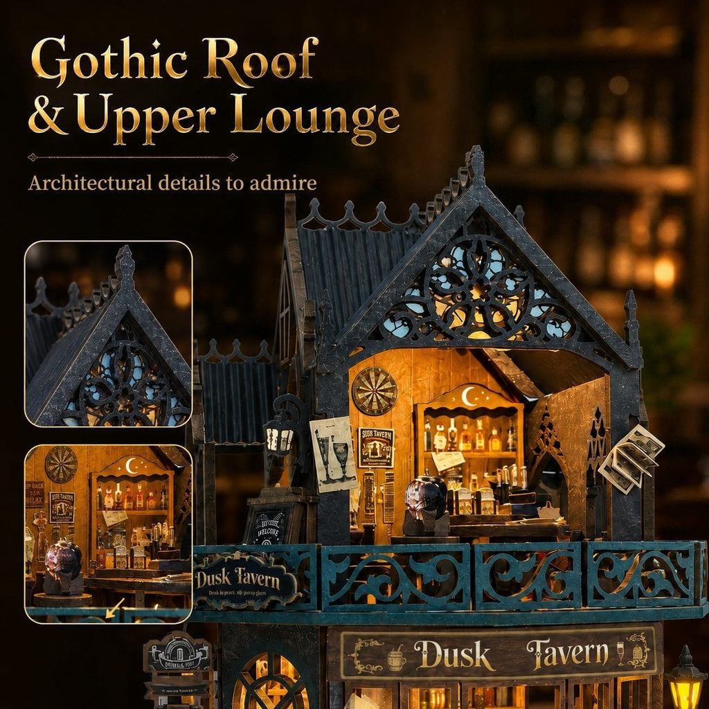 Twilight Tavern DIY Miniature House Kit – Wooden 3D Puzzle with LED Lights, Creative Building Model & Relaxing Craft Gift