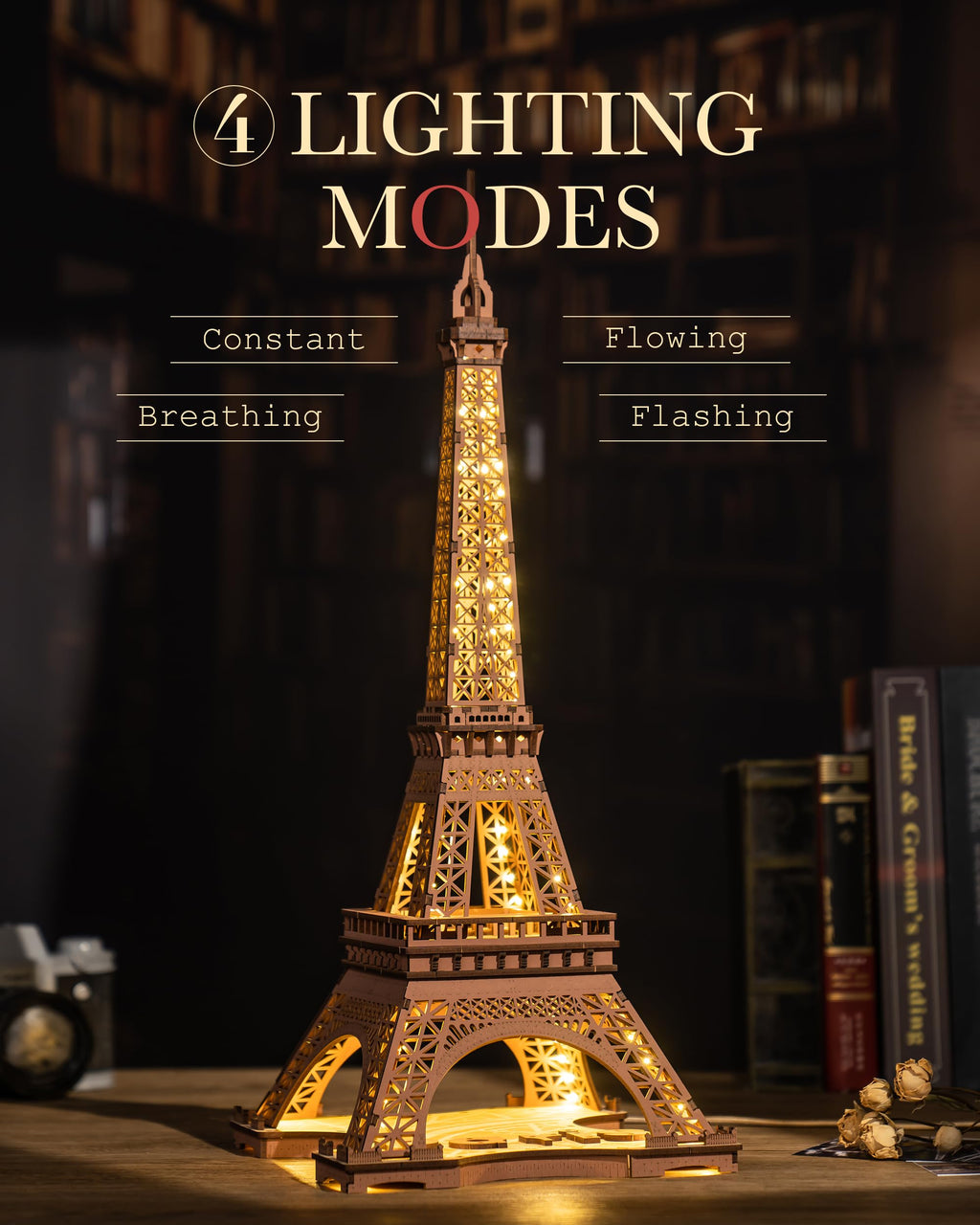 Robotime 3D Wooden Puzzle with Lights - Night of the Eiffel Tower, Architectural Craft Kit for Construction - Teens and Adults