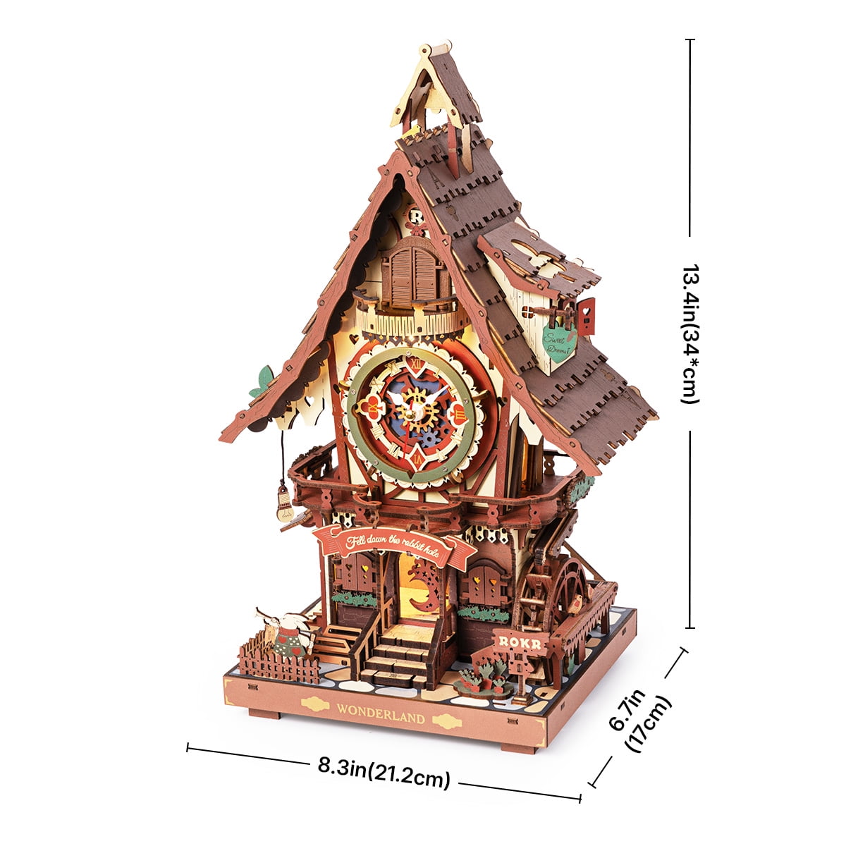 ROKR Cuckoo Clock 3D Wooden Puzzle Kit, Mechanical Clock Model with Moving Pendulum and LED Light, Colorful DIY Craft Decor Xmas Gift Toy for Adults
