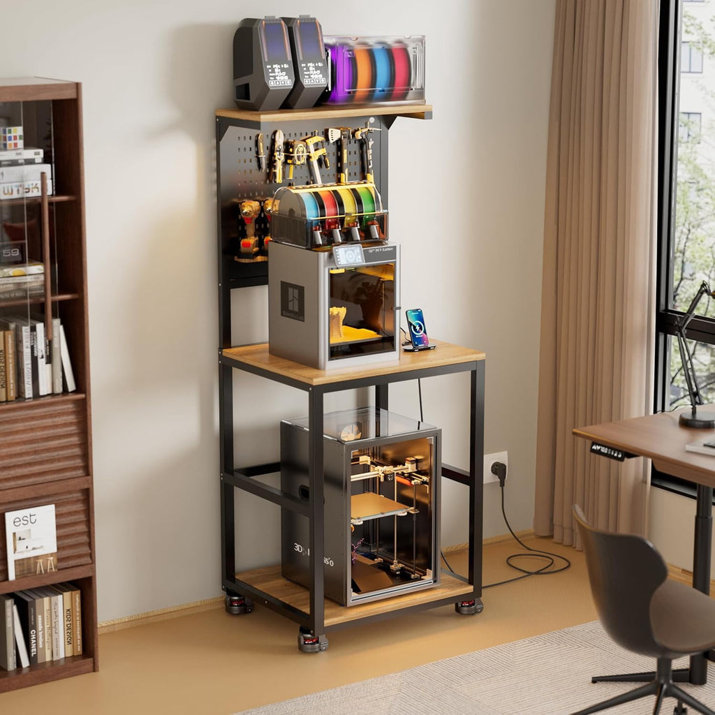 PakaLife 39.4"W 3D Printer Stand with Filament Storage, LED Lights and Charging Station, Spools Holder Racks, for Workshop/Office/Garage, Brown