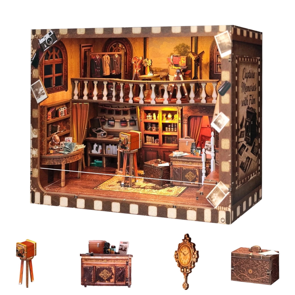 165 Piece Miniature 3D Wooden Puzzle, Vintage Photo Studio Model Kit with Touch LED Light, Desk and Shelf Display Decor, 9 Inch