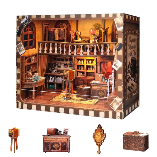 165 Piece Miniature 3D Wooden Puzzle, Vintage Photo Studio Model Kit with Touch LED Light, Desk and Shelf Display Decor, 9 Inch