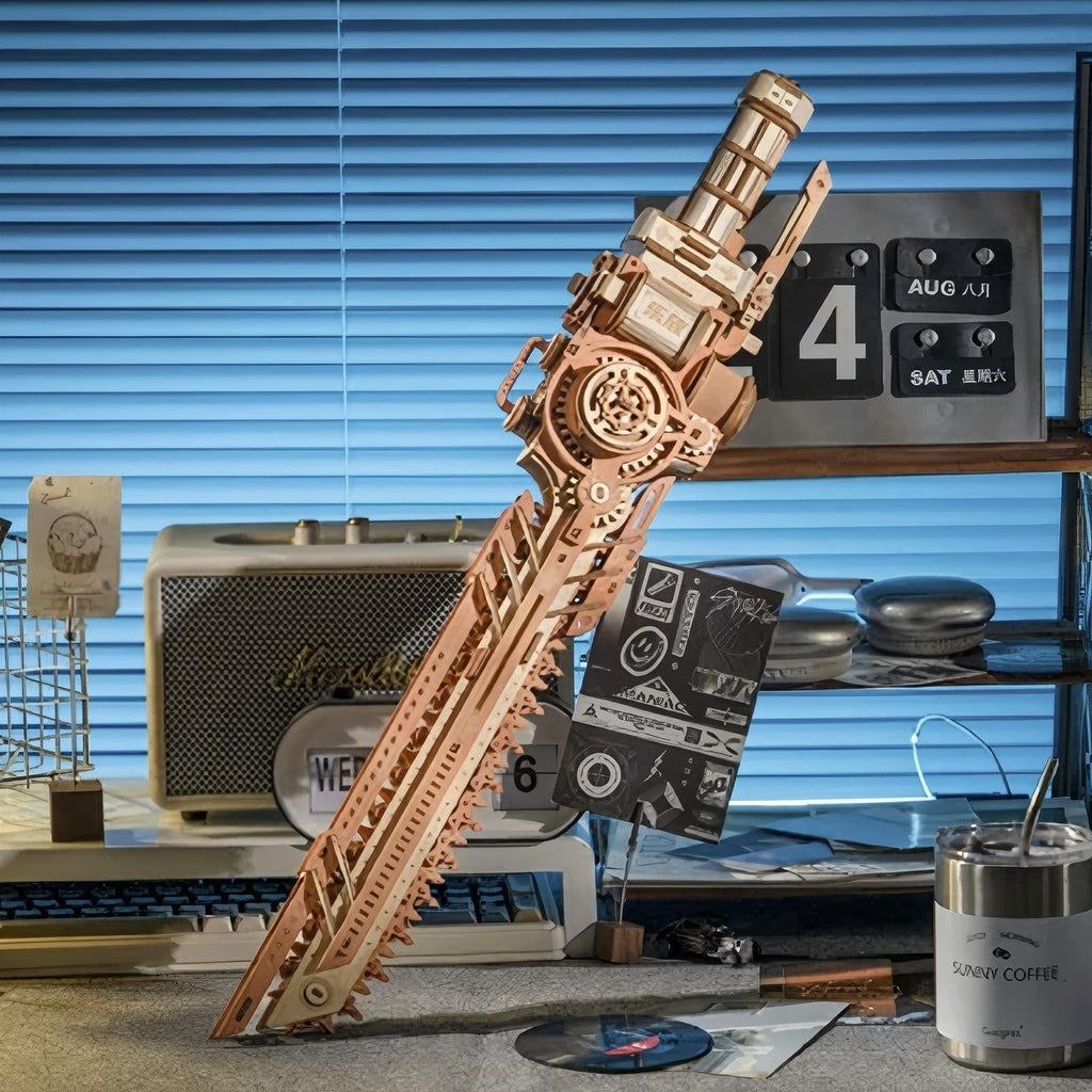 3D Wooden Steampunk Chainsaw Model Kit DIY Building Puzzle Mechanical Steam-Powered Saw Display for Adults