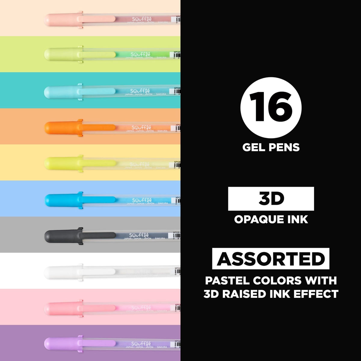 Sakura 3D Soufflé Pen - 3-D Pen for Lettering, Drawing, Line Borders, Ornaments, & More - Opaque White and Pastel Ink Colors - 16 Pack