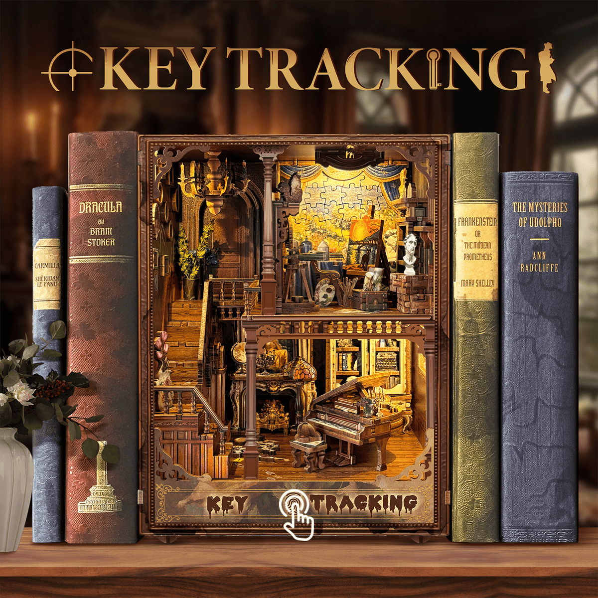 Strucwood DIY Book Nook Kit Key Tracking Wooden Puzzles with LED Dust Cover,3D Crafts Hobbies Gifts for Adults（SQ-31）
