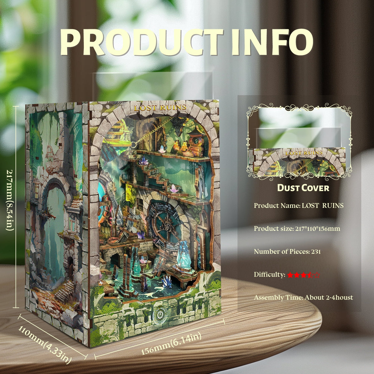 Strucwood DIY Book Nook Kit Lost Ruins Wooden Puzzles with LED Dust Cover,3D Crafts Hobbies Gifts for Adults（SQ-30）