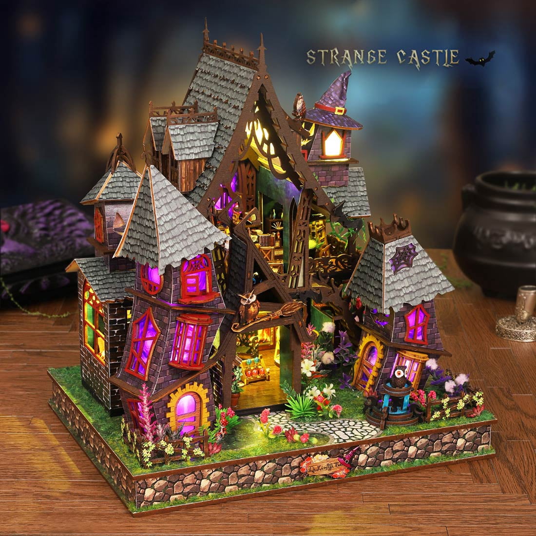 DIY Handcrafted Fairy Tale Miniature House Kits, 3D Wooden Puzzle Magic Castle Model Kit with LED Light, Vintage Style Decoration for Home