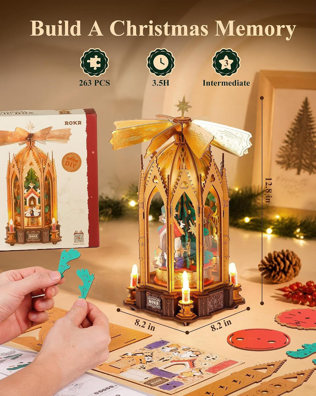 ROKR Blessed Christmas Pyramid, 3D Wooden Puzzle with Rotating Rotor and Candle Powered Movement, 263-Piece DIY Holiday Decor Model for Adults Xmas Gift