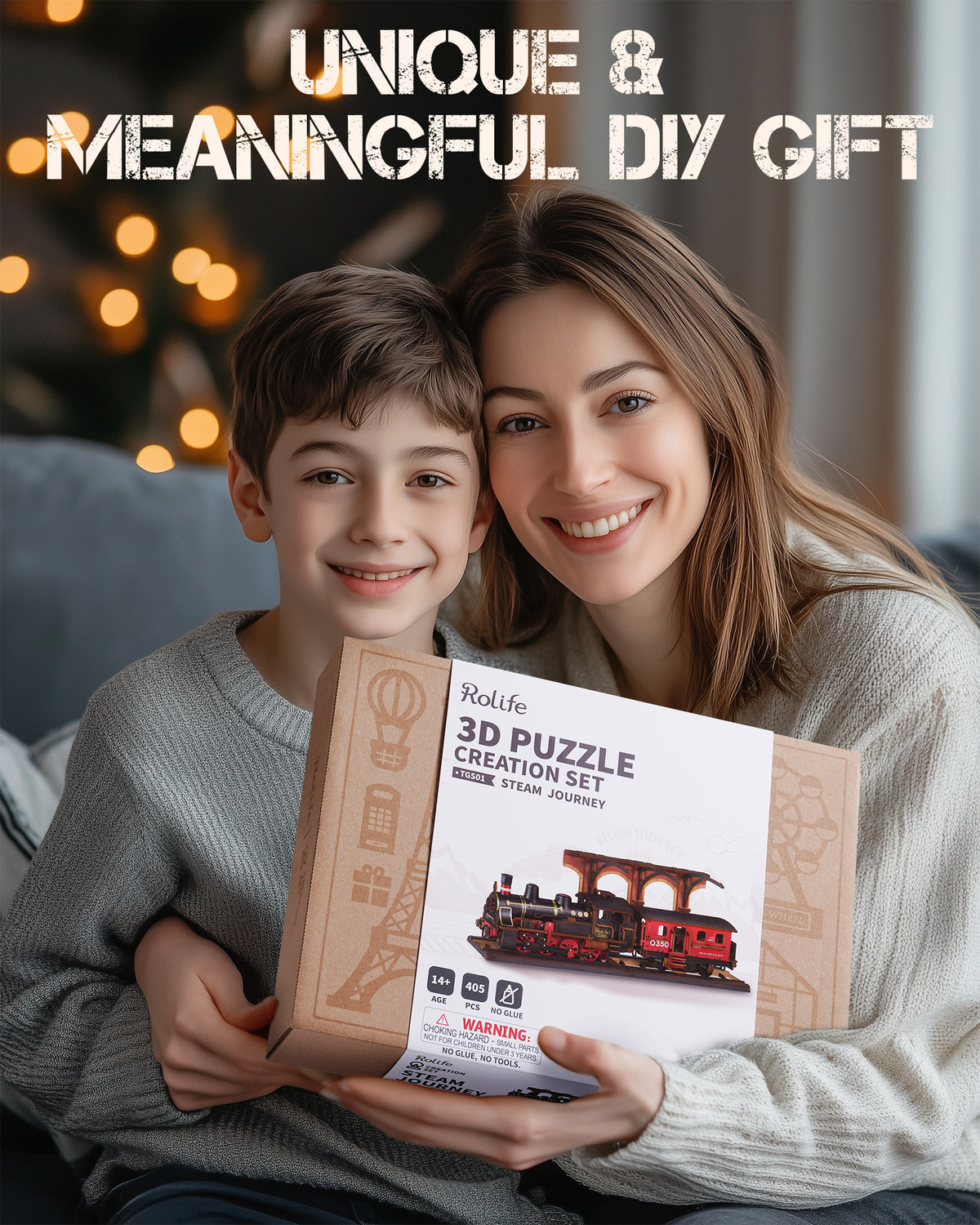 ROKR 3D Wooden Puzzle Steam Journey Train Vintage Car Model Kit Toy Xmas Gift for Boys/Girls