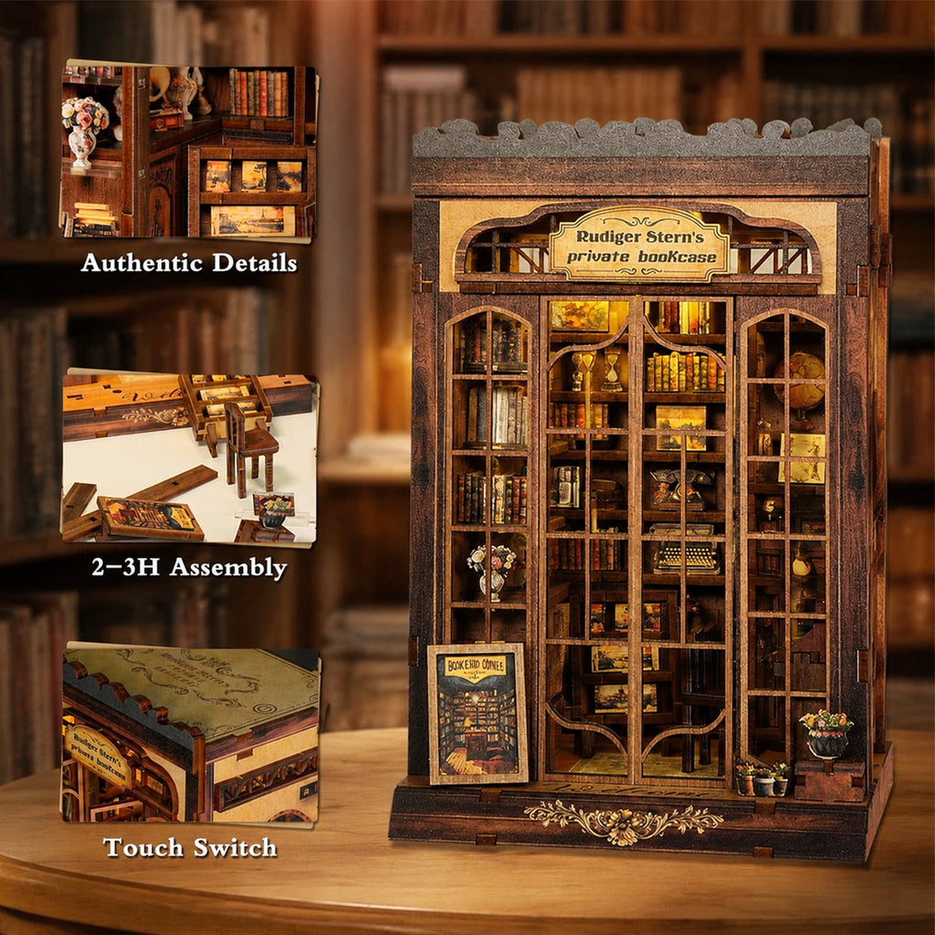 MOJINO DIY Book Nook Kit with LED Light, 172-Piece Miniature Library Dollhouse Kit, 3D Wooden Puzzle Bookshelf Insert, Retro Bookstore Craft Kit for Adults Teens and Book Lovers