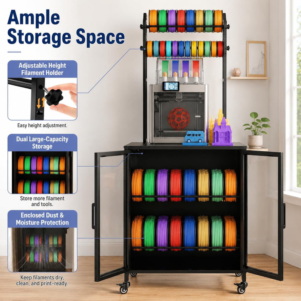 Heavy Duty 3D Printer Stand with Filament Storage Rack, Mobile 3D Printer Workbench with T-Shaped Filament Spool Holder, Lockable Wheels & Storage Shelves for Home Office Workshop (Style A)