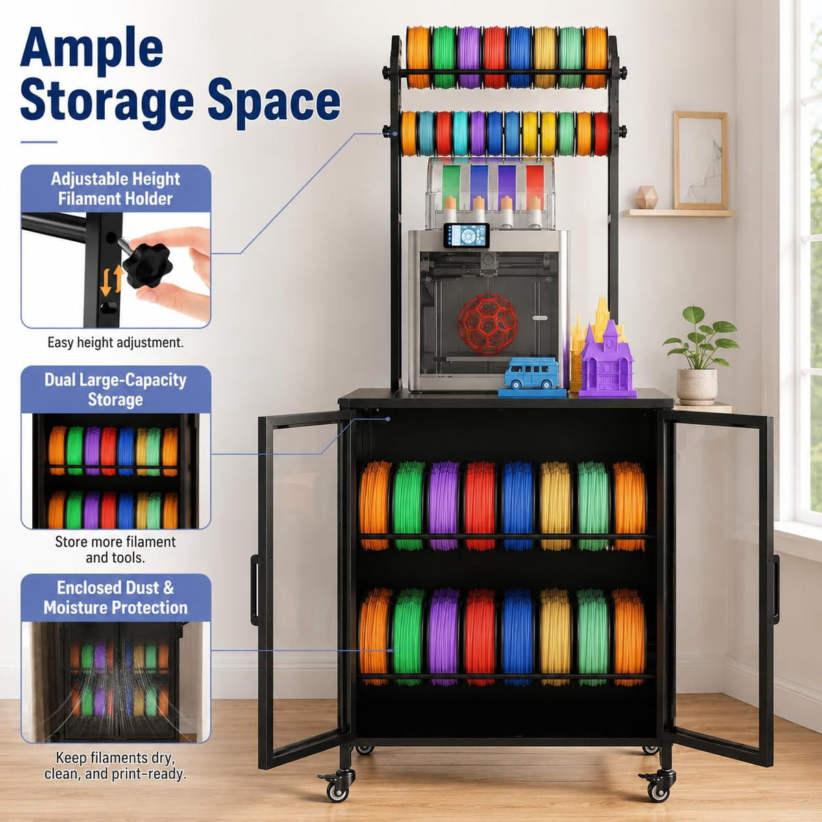 Heavy Duty 3D Printer Stand with Filament Storage Rack, Mobile 3D Printer Workbench with T-Shaped Filament Spool Holder, Lockable Wheels & Storage Shelves for Home Office Workshop (Style A)