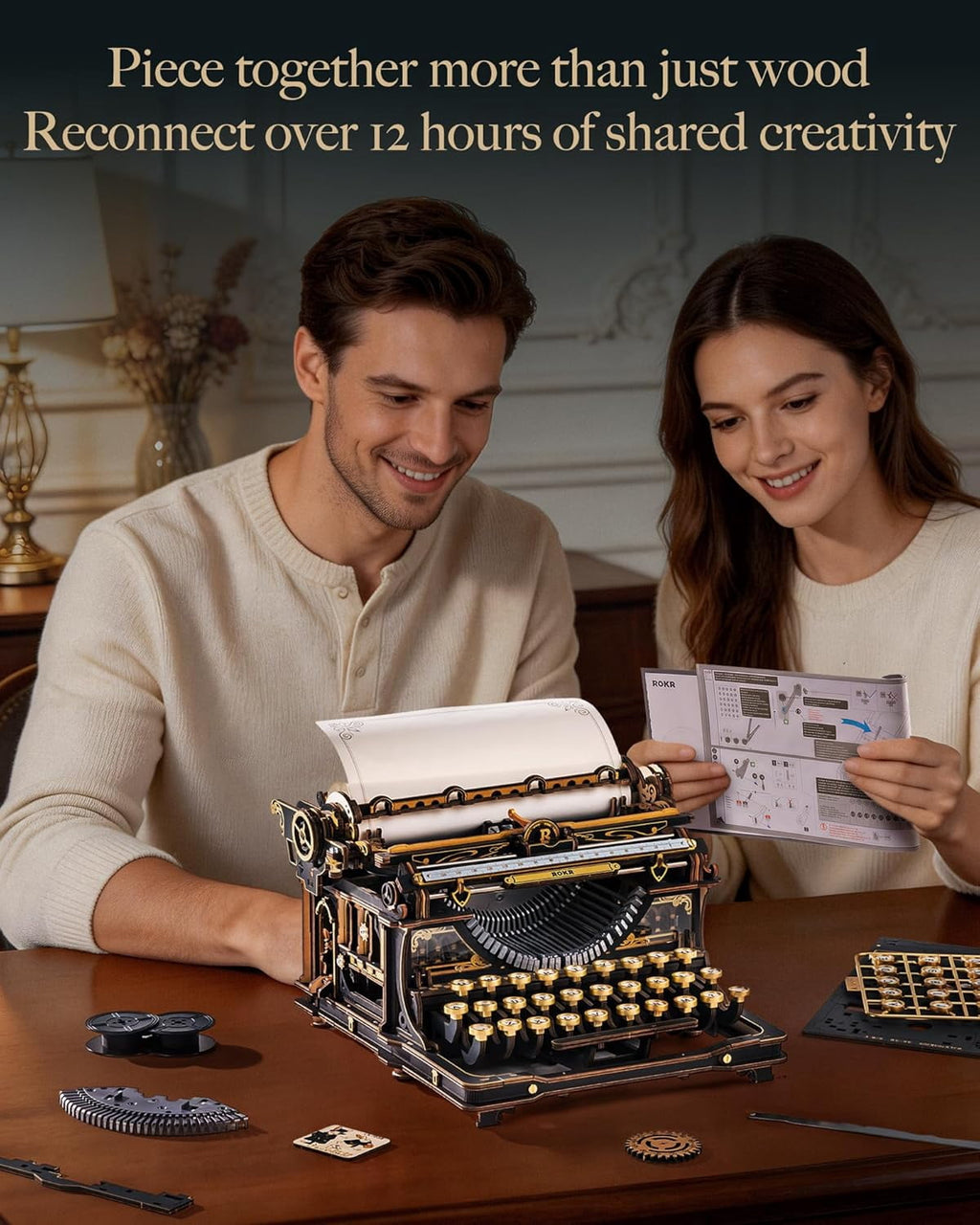ROKR Vintage Typewriter 3D Wooden Puzzle Kit Mechanical Model with Moving Keys and Paper Roller, Retro Desktop Decor Craft for Adults