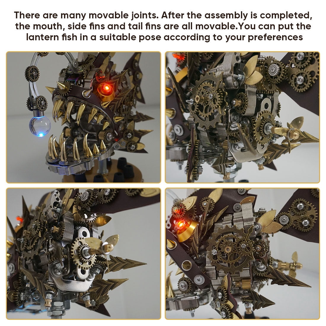 Lantern Fish Model Kit with LED Lights, 3D Metal Puzzle for Adults, DIY Steampunk Anglerfish, 700+ PCS, 7-Color Light, Articulated Jaw, Desk Decor & Holiday Gift