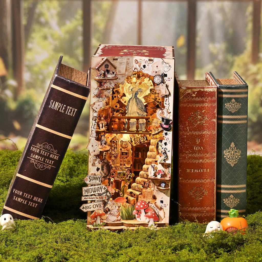 DIY Book Nook Kit with LED Light, Fantasy Wonderland Fold-Out Storybook Diorama, 3D Wooden Puzzle Bookshelf Decor Gift for Adults Teens
