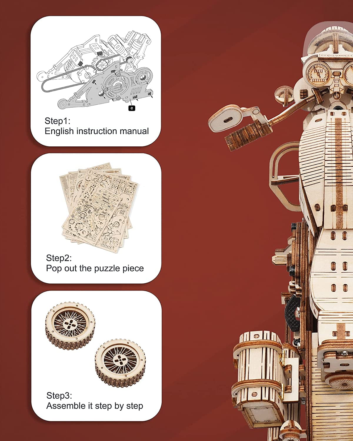 ROKR 420PCS Wooden Puzzles 3D Motorcycle Model DIY 1:8 Mechanical Adults-Brain Teaser Puzzle Birthday Gift for Kids Man/Woman