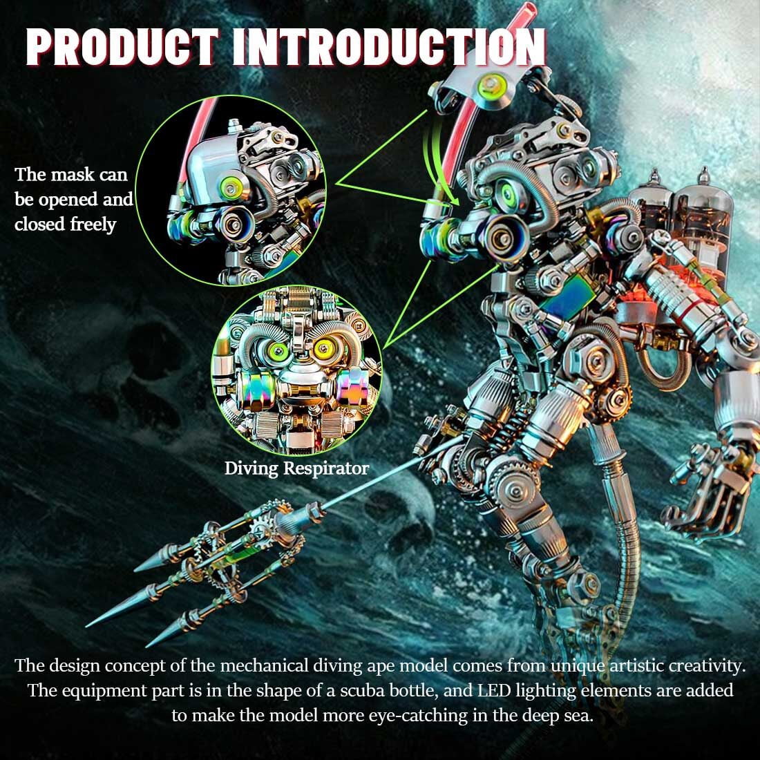 Lantern Fish 3D Metal Puzzle DIY Steampunk Assembly Kit, 700+PCS Mechanical Model with Movable Fins, Color-Changing Lamp & Collectible Gift for Adults & Teens