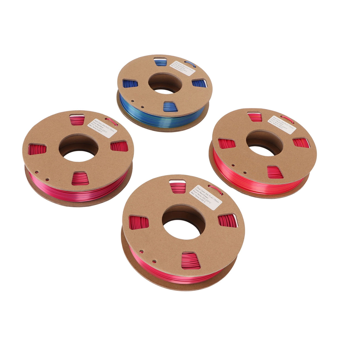 4-Roll Silk Dual Color PLA 3D Printer Filament Bundle, 1.75mm Dimensional Accuracy, Color Changing Spools (Red/Gold, Red/Green, Red/Blue, Blue/Green), 250g per Spool