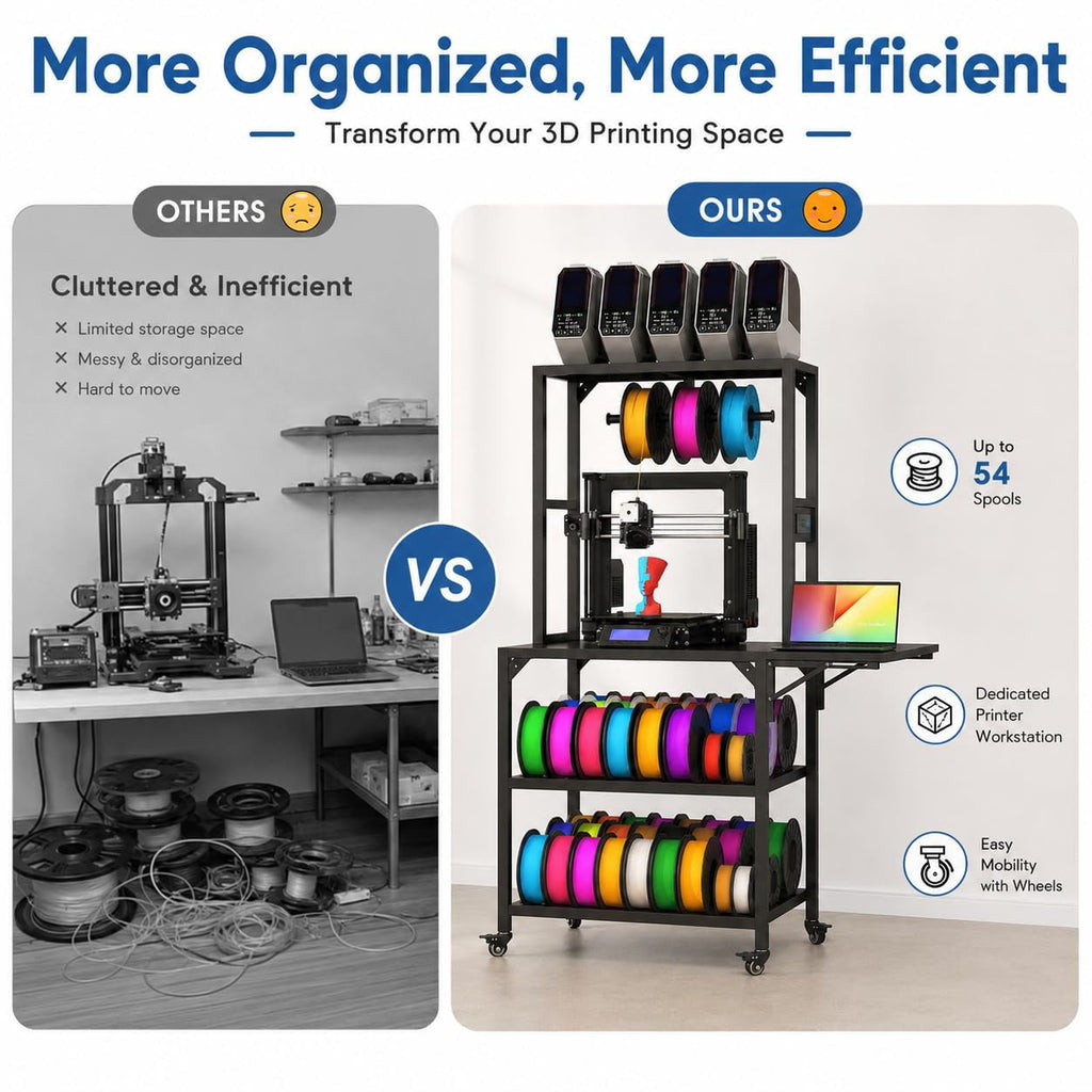 Heavy Duty 3D Printer Stand with Filament Storage Rack, Mobile 3D Printer Workbench with T-Shaped Filament Spool Holder, Lockable Wheels & Storage Shelves for Home Office Workshop (Style A)