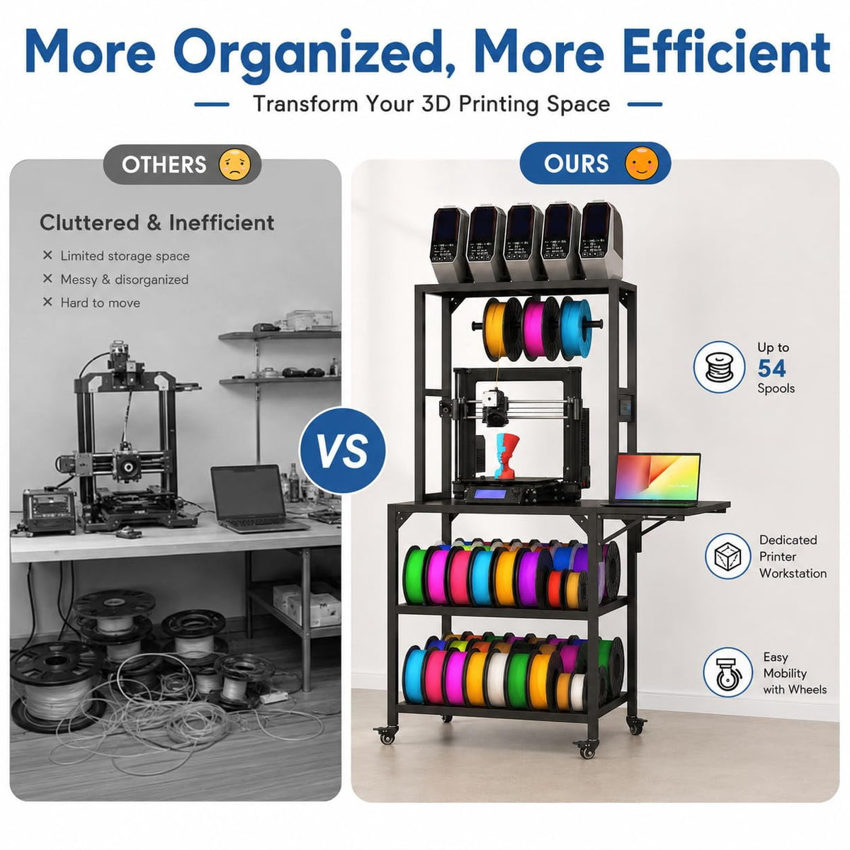 Heavy Duty 3D Printer Stand with Filament Storage Rack, Mobile 3D Printer Workbench with T-Shaped Filament Spool Holder, Lockable Wheels & Storage Shelves for Home Office Workshop (Style A)