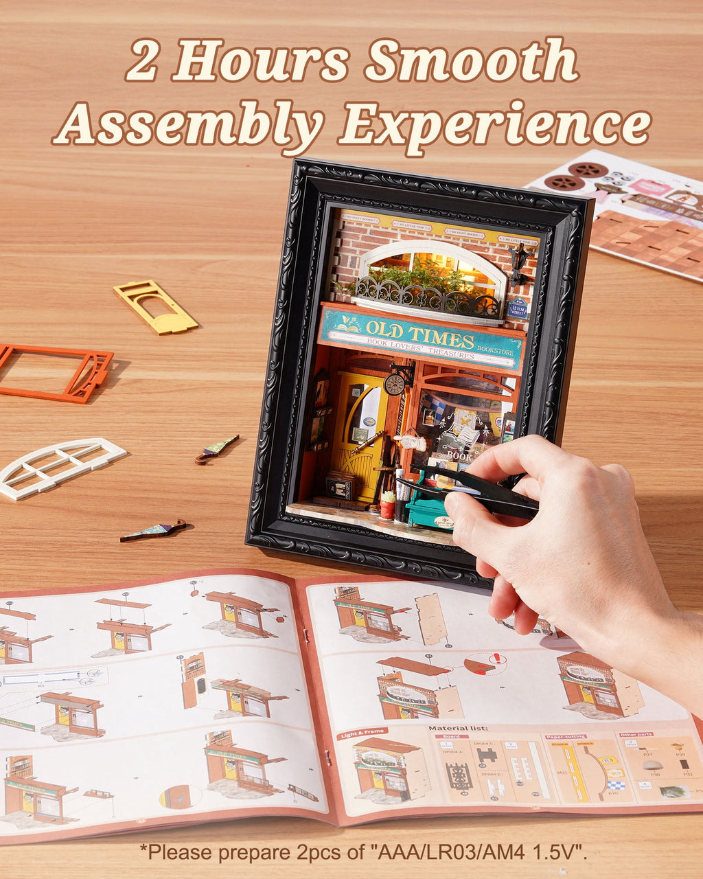 Robotime 3D Wooden Puzzle, Wall-Mountable Tiny Home Creative Frame, DIY Dollhouse Building Set with LED for Home Decor, Christmas Birthday Gifts for Adults Teens(Old Times Bookstore)