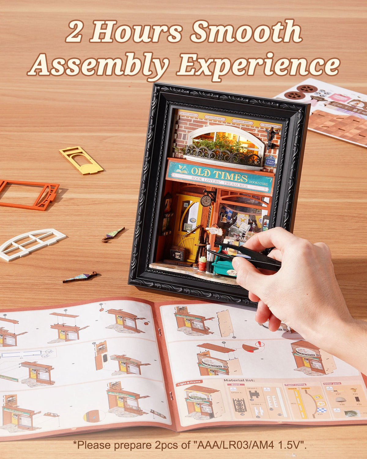 Robotime 3D Wooden Puzzle, Wall-Mountable Tiny Home Creative Frame, DIY Dollhouse Building Set with LED for Home Decor, Christmas Birthday Gifts for Adults Teens(Old Times Bookstore)