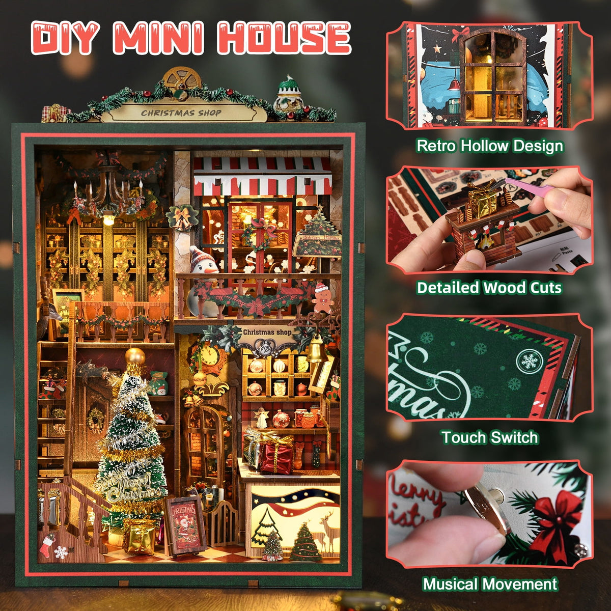 Diy Book Nook Kit with Music Box, Christmas Shop 3D Wooden Puzzle for Bookshelf Decor, Miniature House Craft Gift for Adults & Teens