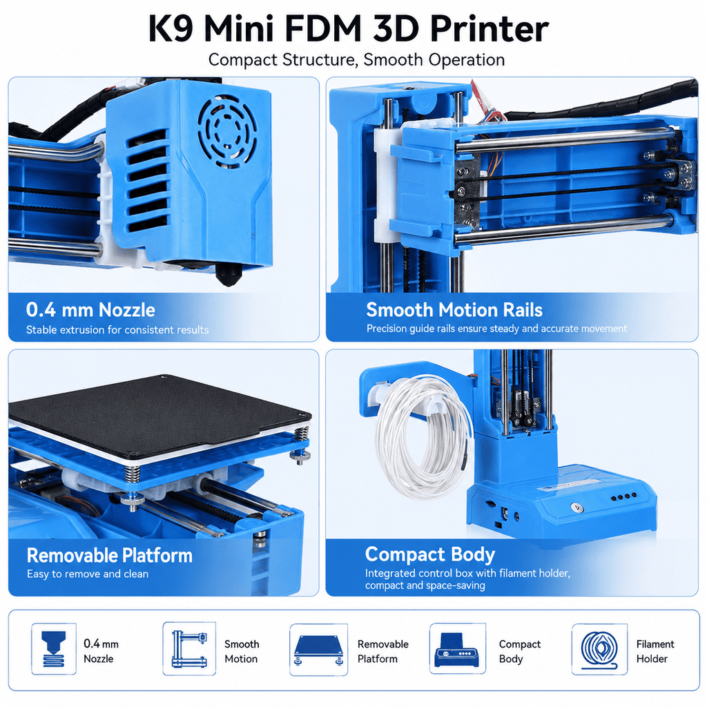 Fully Assembled Mini K9 3D Printer, High-Precision 3D Printing Machine with Automatic Leveling, Suitable for Beginners, Compact Blue 3D Printer for Hobbyists, blue, 1set