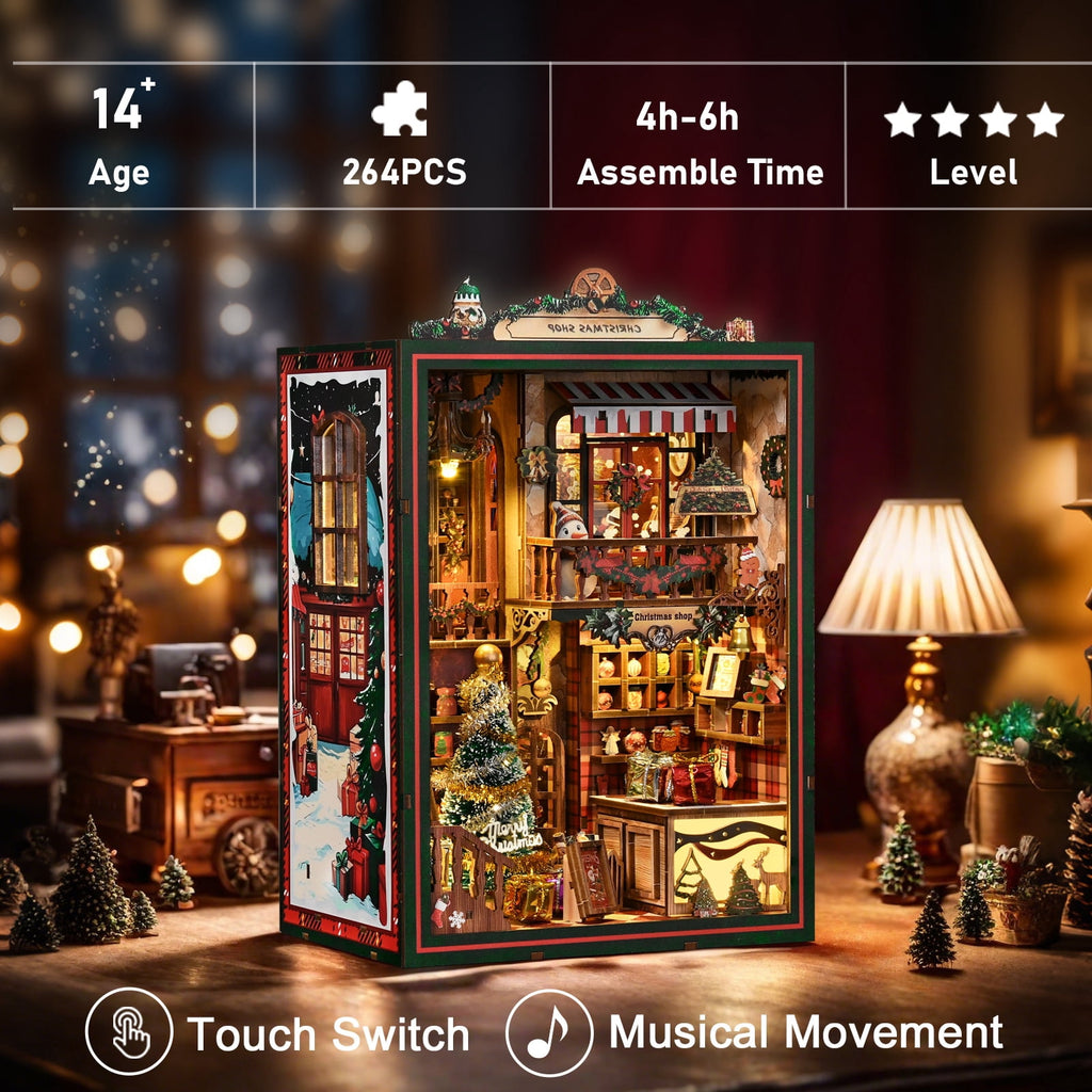 Diy Book Nook Kit with Music Box, Christmas Shop 3D Wooden Puzzle for Bookshelf Decor, Miniature House Craft Gift for Adults & Teens