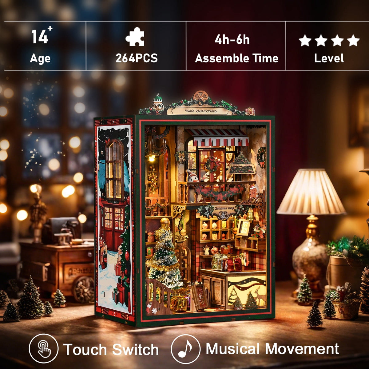 Diy Book Nook Kit with Music Box, Christmas Shop 3D Wooden Puzzle for Bookshelf Decor, Miniature House Craft Gift for Adults & Teens