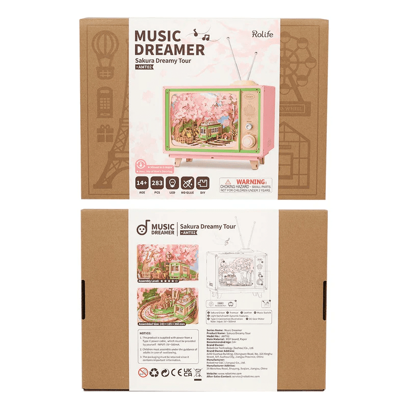 Rolife DIY Music Box, 3D Wooden Puzzle Sakura Dreamy Tour Model Kits, Brain Teaser Puzzles for Boys and Girls