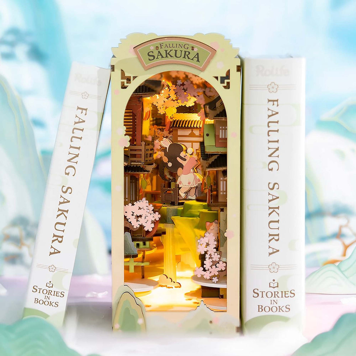 Rolife 3D Jigsaw Puzzle DIY Book Nook Kit,DIY Dollhouse Bookend Stand DIY Bookshelf Insert Decor Gift for Teen Adults(Falling Sakura)