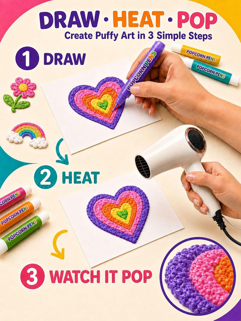 3D Relief Art Pen, Popcornpens Works On Different Surfaces（12 color,2pcs）